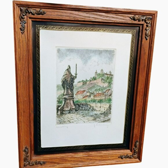 Vintage Wurzburg Etching Hand Colored & Signed German Artwork In Wooden Frame